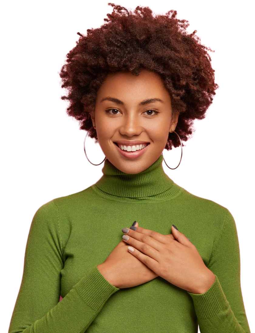 Smiling girl dressing green sweatshirt.